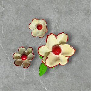 Vintage‎ Dogwood Floral Enamel Pin & Clip-On Earring Set In Red & Cream Colors -